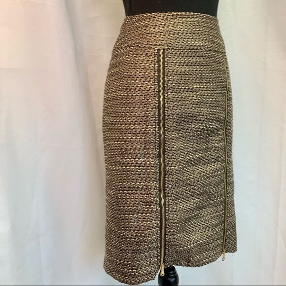 ETCETERA GOLD BRONZE METALLIC PENCIL SKIRT WOOL BLEND EXPOSED ZIPPERS SIZE 4 - Picture 2 of 12